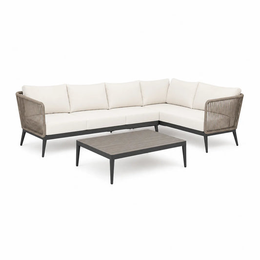 Zestaw mebli ogrodowych sofa narożna ze stolikiem 250 x 180 x 70 cm stal ciemnoszara lina poliestrowa beżowe poduszki