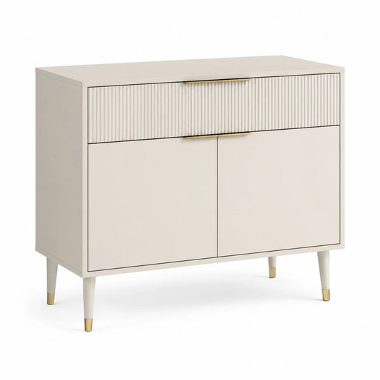 Kredens bufetowy prostokątny 120 x 40 x 90 cm z laminowanej płyty MDF kremowy biały złote uchwyty 1 szuflada 2 drzwi