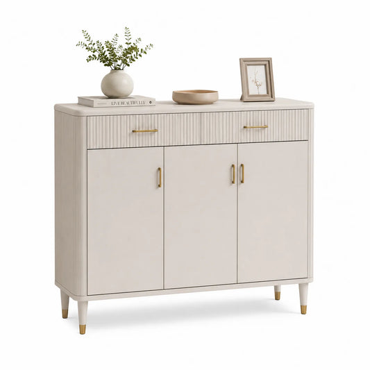 Szafka na buty stojąca prostokątna 130 x 40 x 85 cm z płyty MDF kremowa złote uchwyty 2 szuflady 3 drzwi