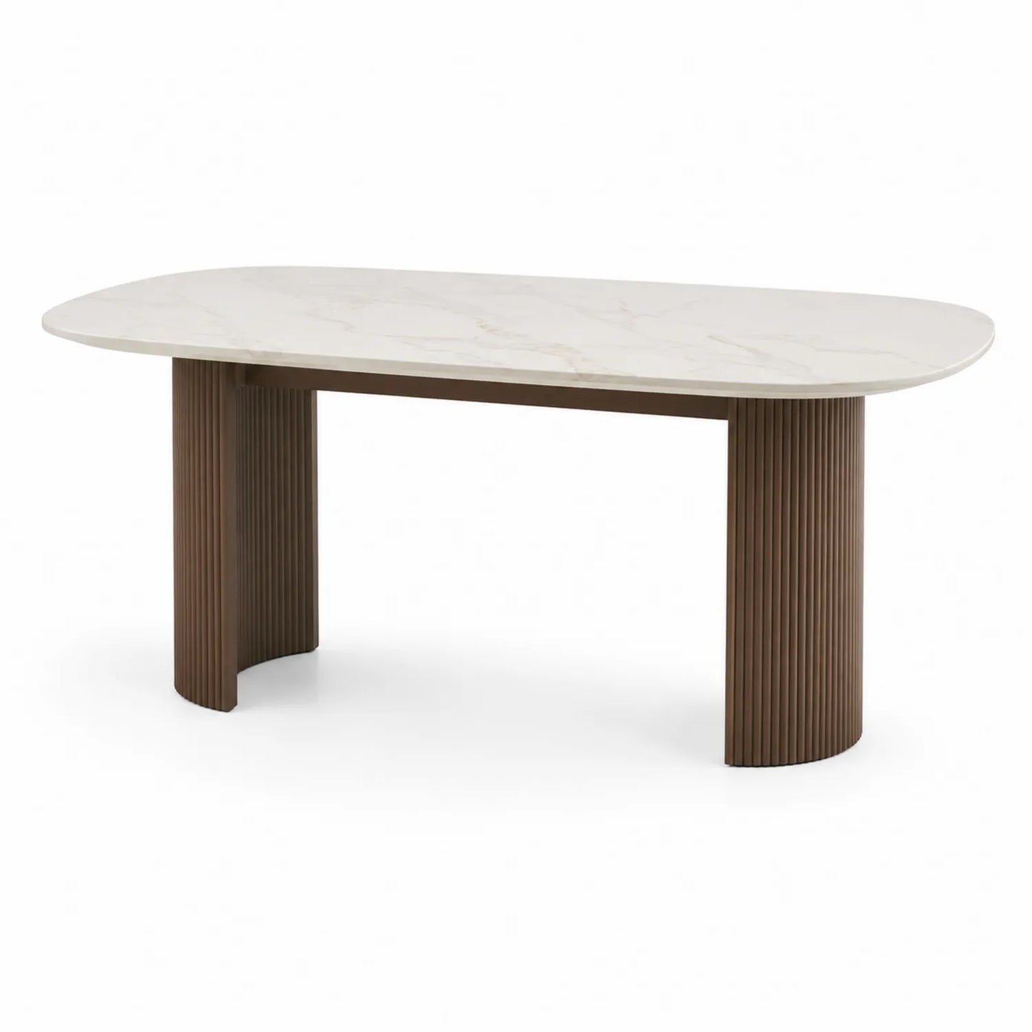 Stół do jadalni owalny 160 cm x 90 cm x 75 cm MDF blat marmurowy kremowy brązowe ryflowane nogi