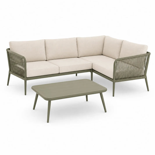 Zestaw mebli ogrodowych sofa narożna L 230 x 180 x 70 cm z stolikiem kawowym technorattan stal oliwkowy beżowy