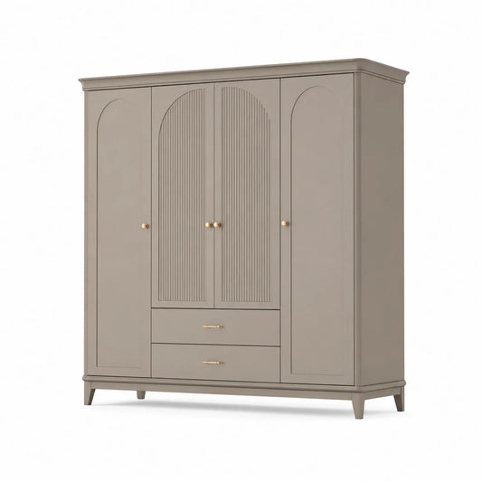 Szafa 200x200x55 cm MDF beżowa taupe 4 drzwi 2 szuflady złote uchwyty fronty ryflowane