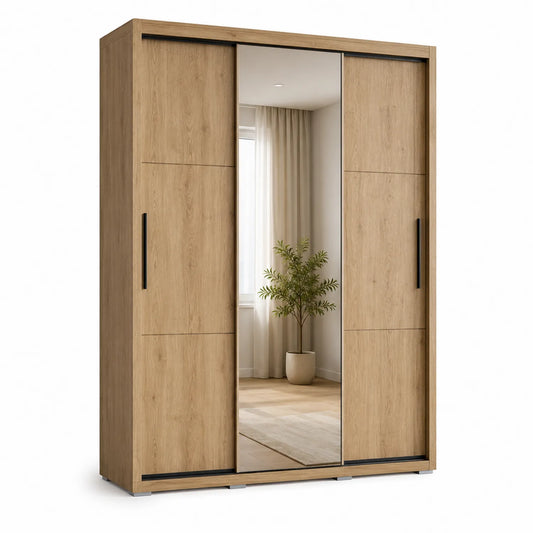 Szafa przesuwna z lustrem 180 cm x 60 cm x 200 cm płyta wiórowa laminowana prostokątna dąb naturalny czarne prowadnice