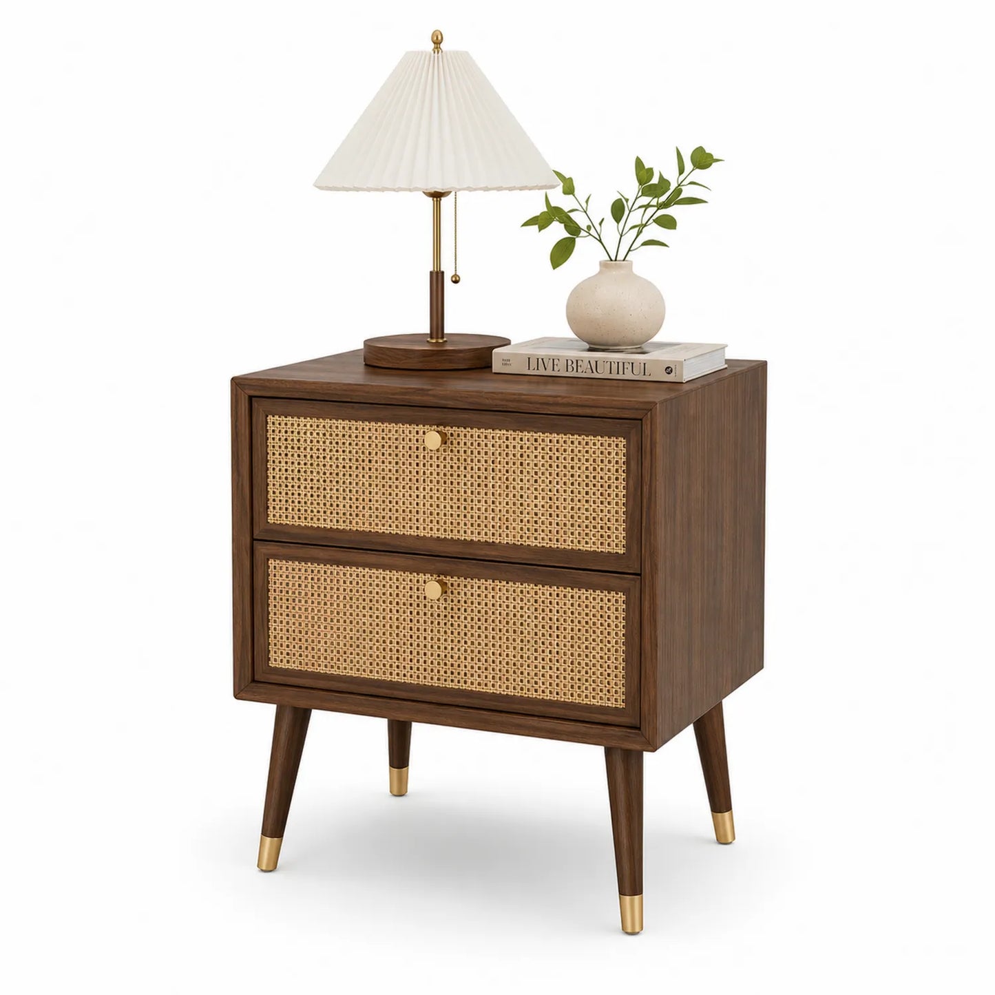 Szafka nocna 45 x 40 x 55 cm MDF płyta wiórowa naturalny rattan drewno brązowa dwie szuflady złote uchwyty