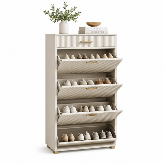 Szafka na buty stojąca prostokątna 60 x 24 x 120 cm z laminowanej płyty MDF kremowa złote uchwyty 4 uchylne przegrody