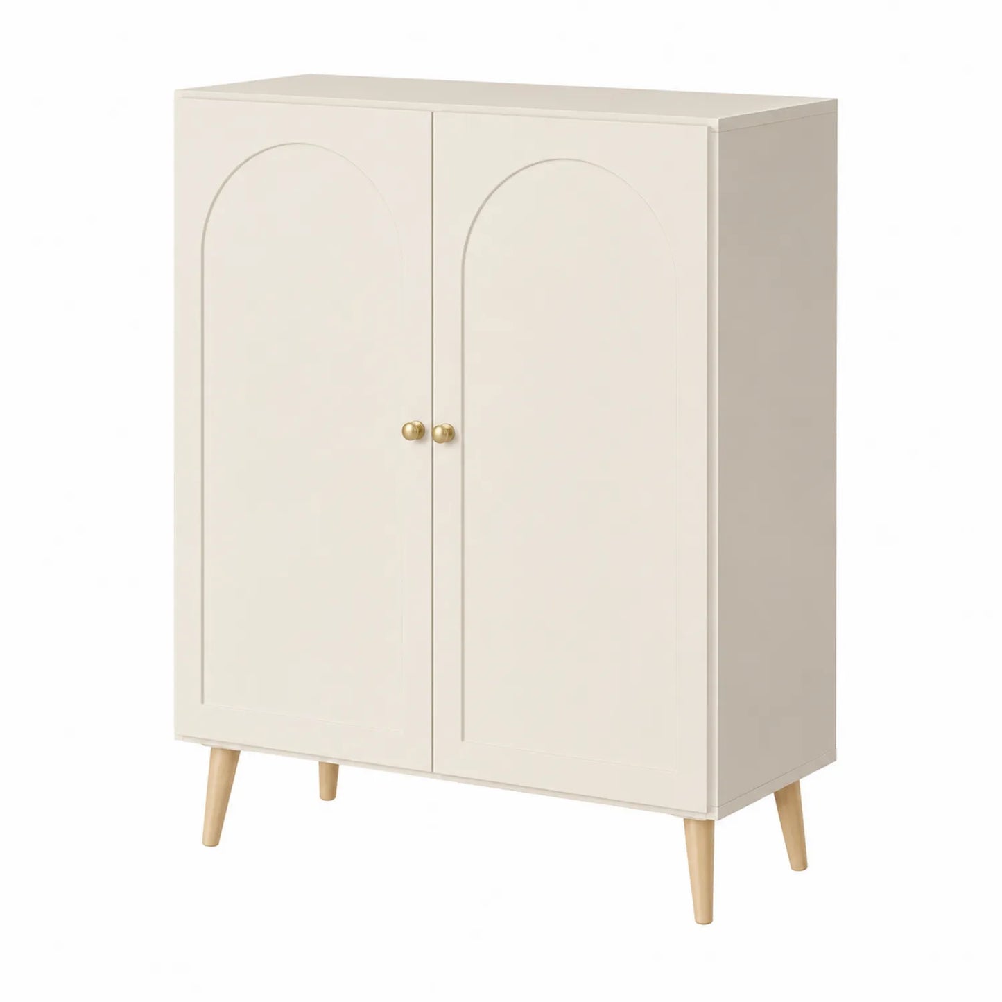 Kredens bufetowy prostokątny 120 x 40 x 120 cm z laminowanej płyty MDF kremowy złote gałki drewniane nogi 2 drzwi