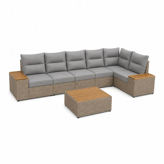 Zestaw mebli ogrodowych sofa narożna modułowa około 260 cm x 200 cm x 70 cm z stolikiem kawowym technorattan beżowy szary elementy drewnopodobne