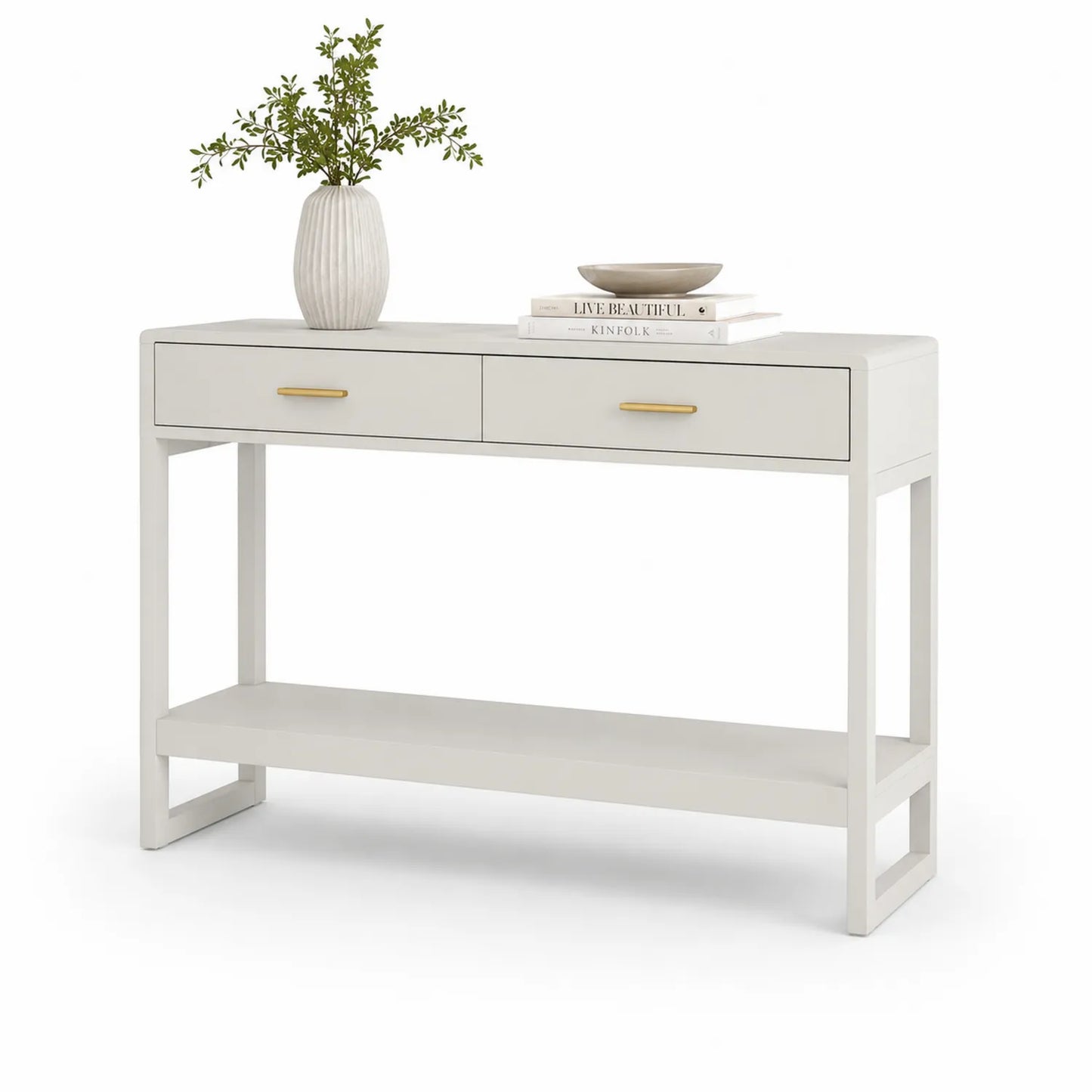 Konsola stojąca prostokątna 120 x 35 x 80 cm z płyty MDF kremowa złote uchwyty 2 szuflady