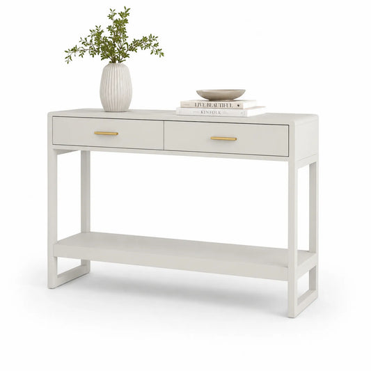 Konsola stojąca prostokątna 120 x 35 x 80 cm z płyty MDF kremowa złote uchwyty 2 szuflady