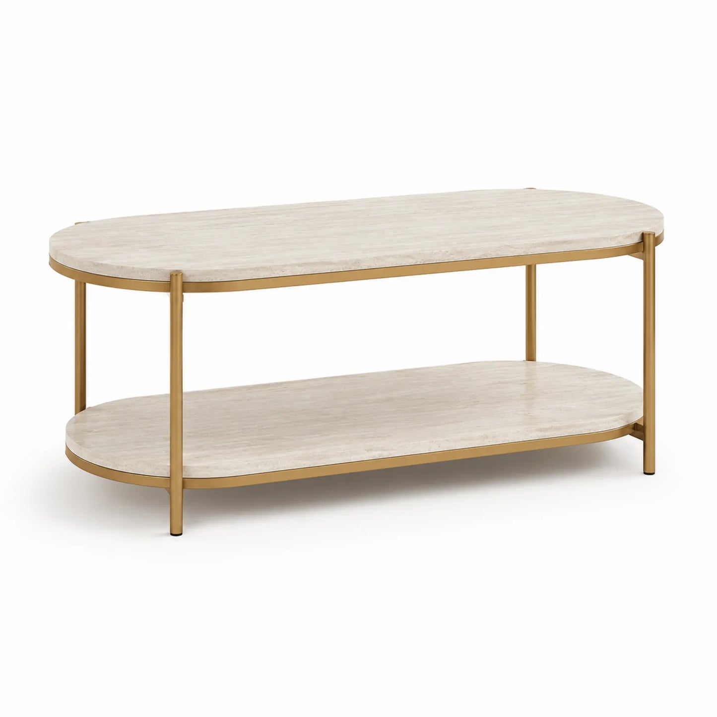 Stolik kawowy owalny 120 cm x 60 cm x 45 cm MDF imitacja marmuru beżowy złota metalowa rama dwupoziomowy