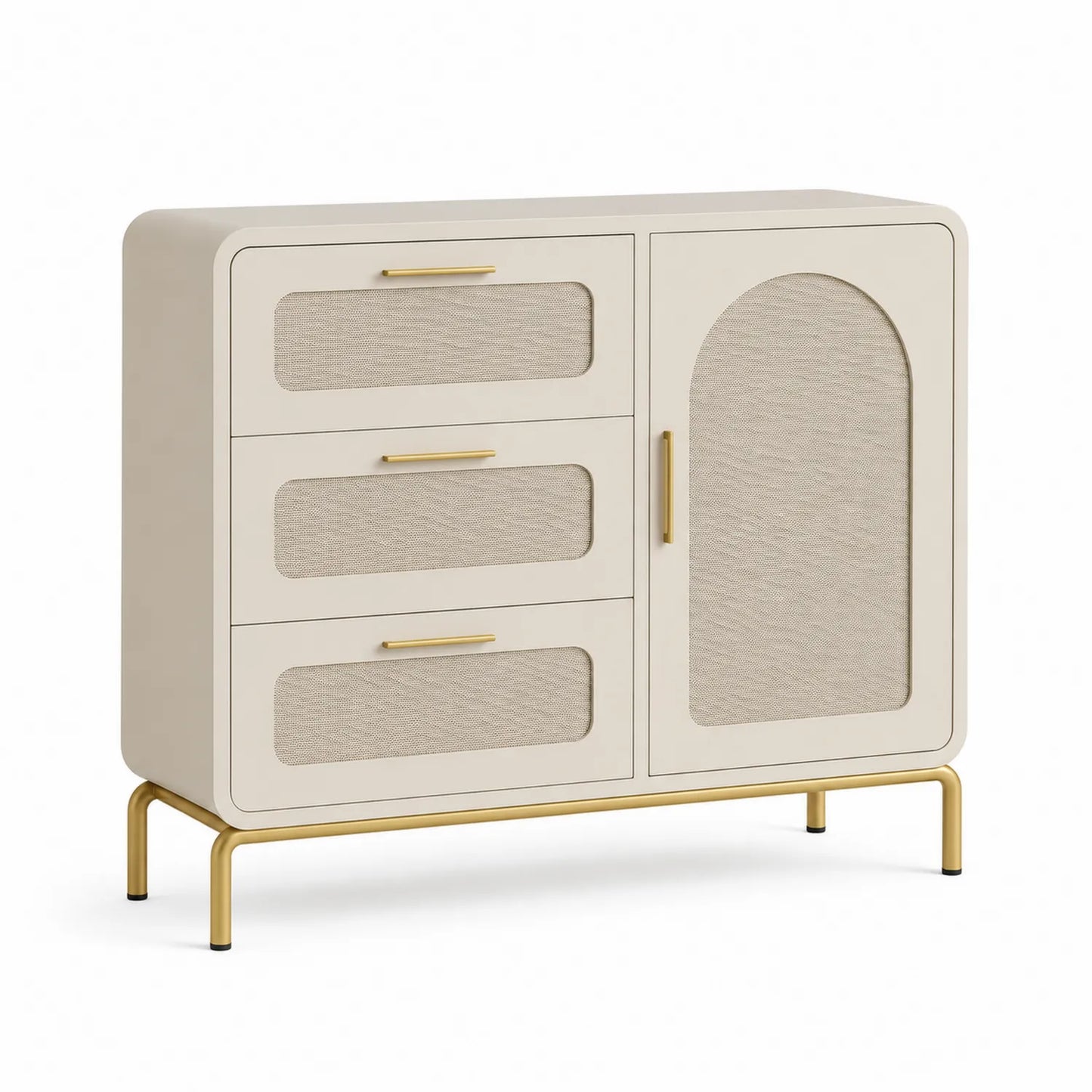 Kredens prostokątny do jadalni 120 x 40 x 85 cm z laminowanej płyty MDF i plecionki PE beżowy