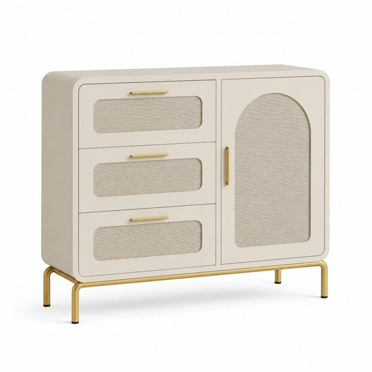 Kredens prostokątny do jadalni 120 x 40 x 85 cm z laminowanej płyty MDF i plecionki PE beżowy