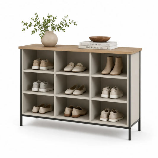 Szafka na buty 120 cm x 35 cm x 80 cm MDF laminowany 9 przegród otwarta czarna metalowa rama dąb naturalny