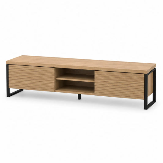 Szafka RTV 180 x 40 x 50 cm drewno MDF metal czarna rama naturalny dąb drzwi przesuwne półki otwarte