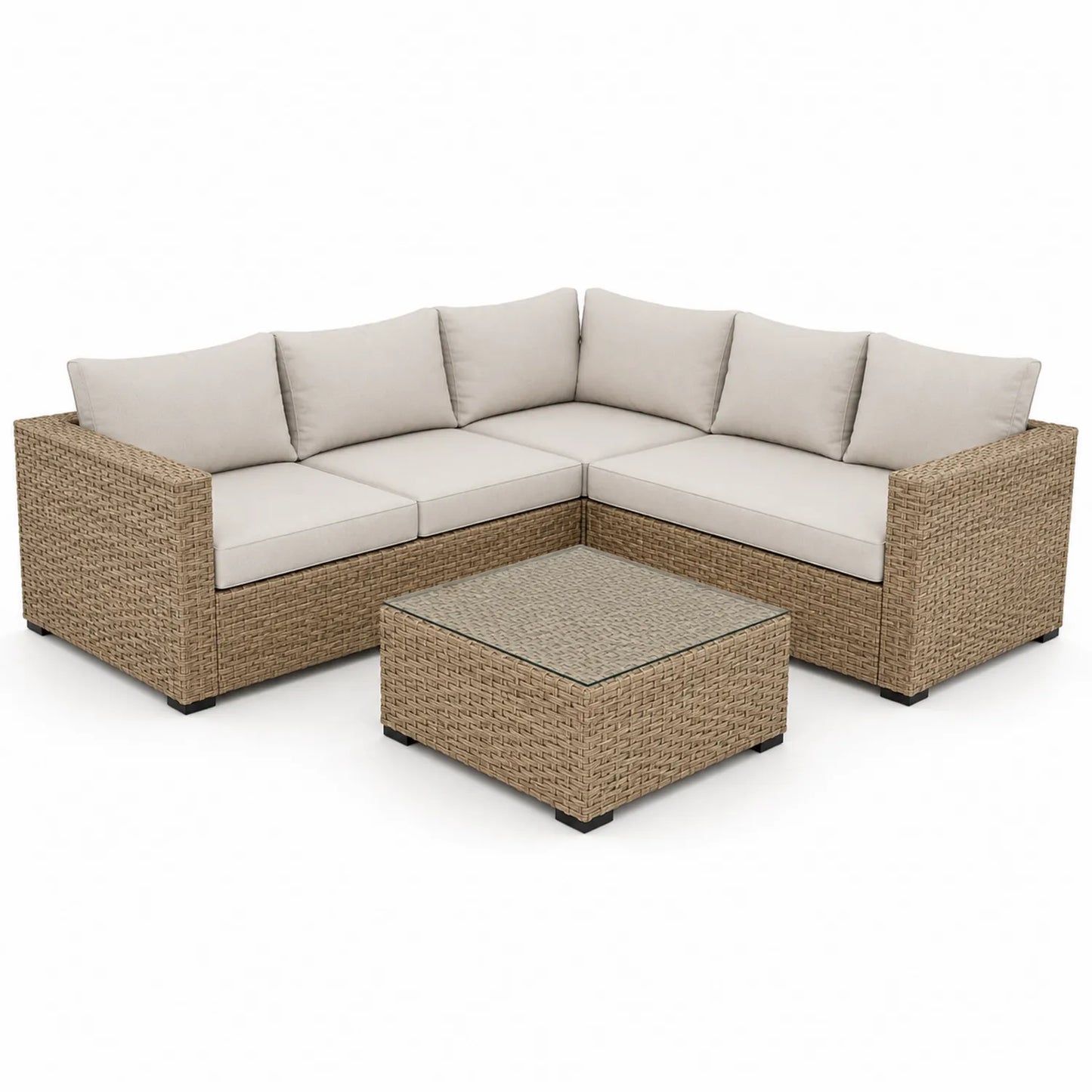 Zestaw mebli ogrodowych sofa narożna L z technorattanu 4-osobowa z poduszkami i stolikiem kawowym 220 x 160 x 70 cm beżowy szary