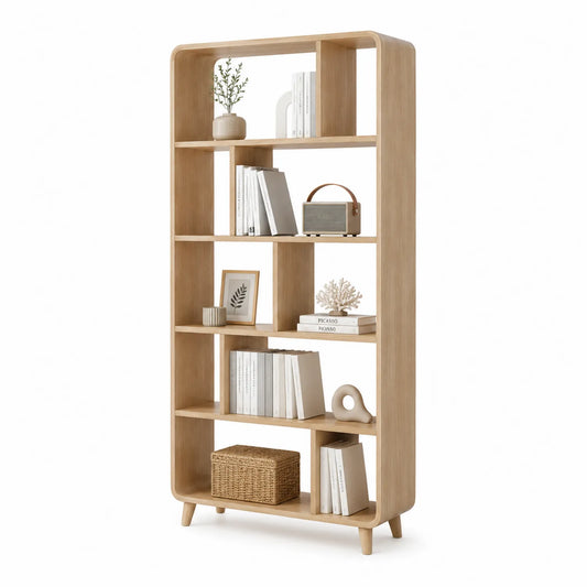Regał stojący 180x80x30 cm dąb naturalny MDF 5 półek zaokrąglone krawędzie