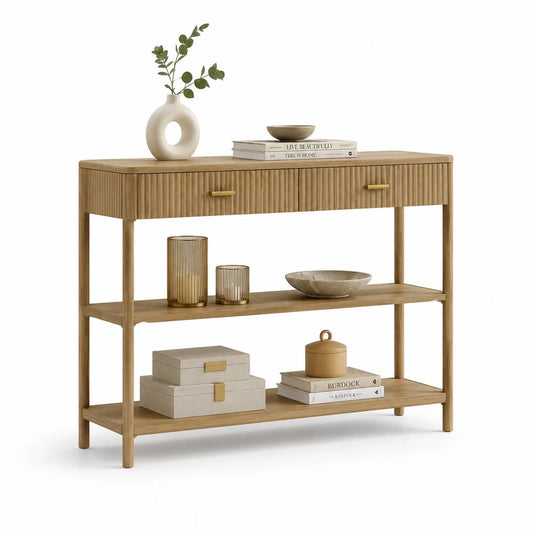 Konsola do przedpokoju 120 x 35 x 80 cm MDF dekor dąb naturalny ryflowane fronty 2 szuflady złote uchwyty półka dolna