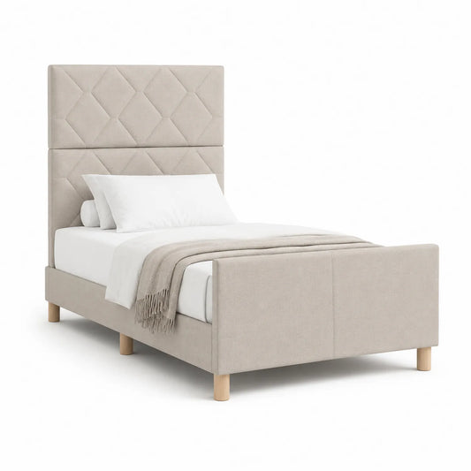 Łóżko tapicerowane 90 cm x 200 cm MDF tkanina poliestrowa prostokątne beżowe pikowany zagłówek drewniane nogi