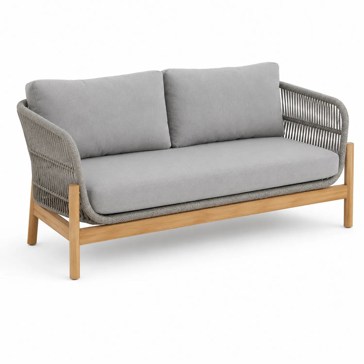 Sofa ogrodowa 3-osobowa 180 x 75 x 75 cm drewno akacjowe lina poliestrowa szara poduszki jasnoszare