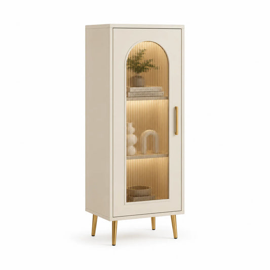 Kredens do jadalni 60 cm x 40 cm x 170 cm beżowy MDF ryflowane szkło hartowane drzwi łukowe LED złote metalowe nogi