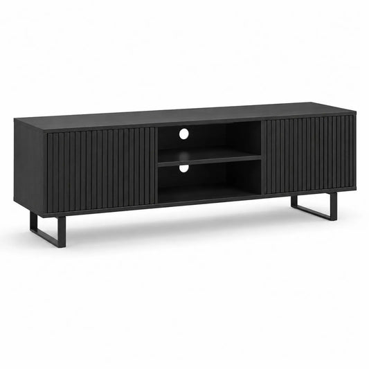 Szafka RTV 180 cm x 40 cm x 50 cm MDF czarna ryflowane fronty drzwi przesuwne metalowe nogi