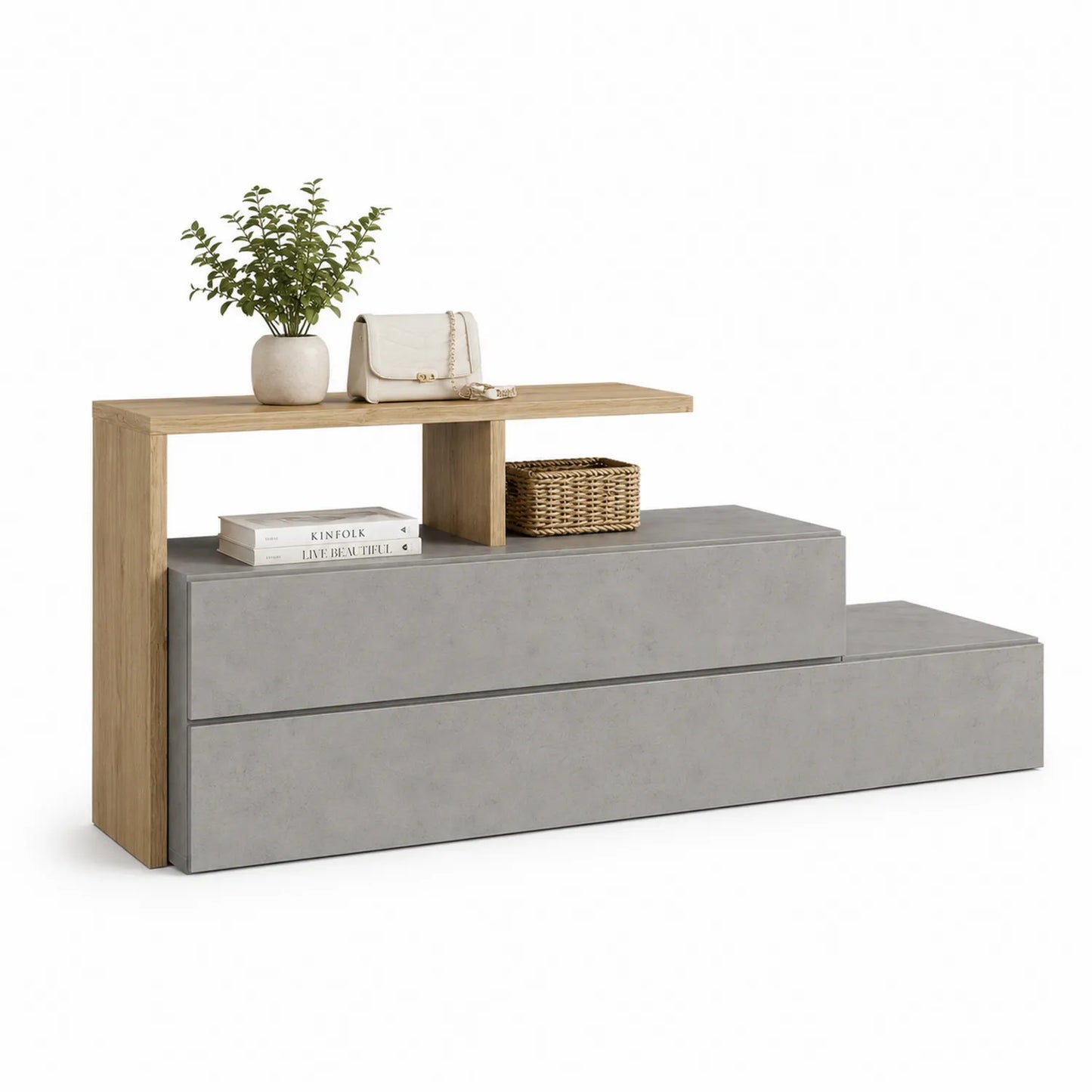 Szafka na buty z siedziskiem 120 cm x 40 cm x 45 cm MDF laminowany dąb naturalny szary kosz rattanowy stojąca