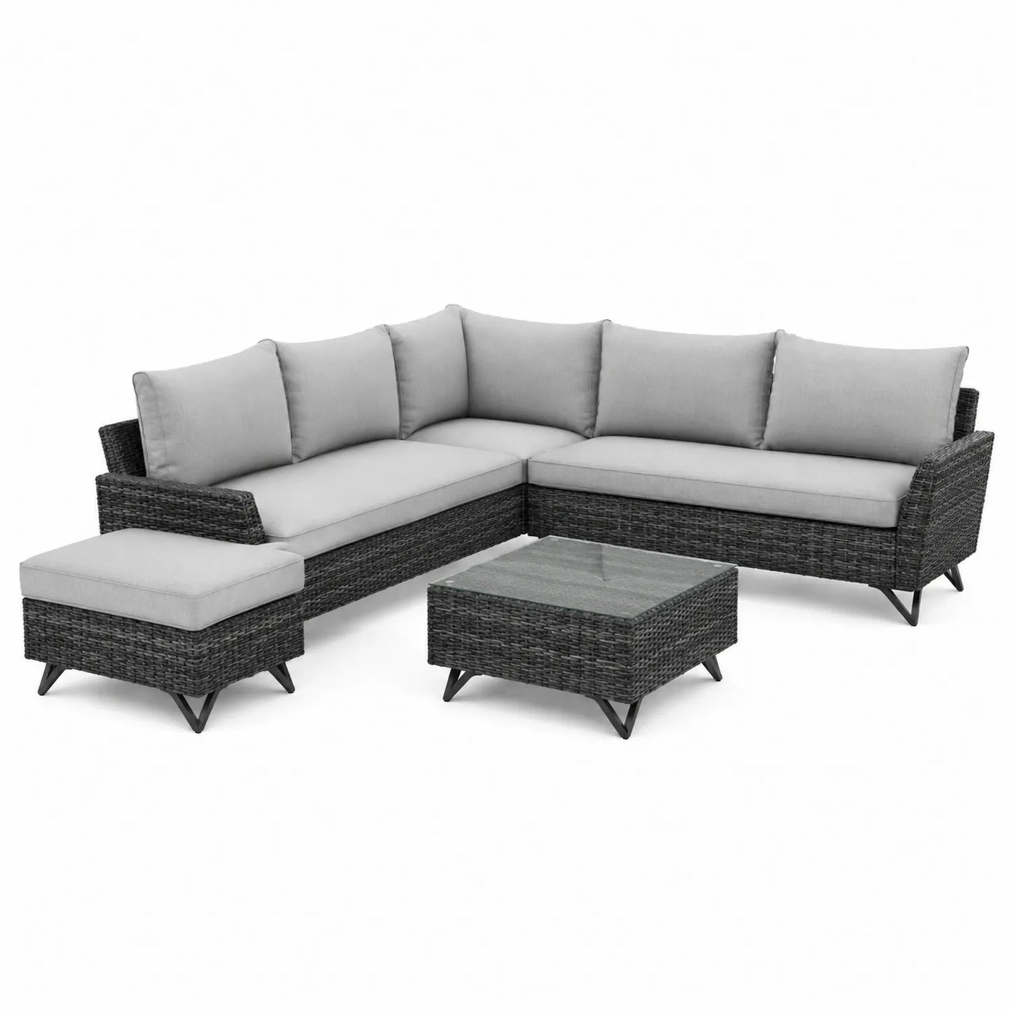 Zestaw mebli ogrodowych sofa narożna z leżanką 220 cm x 150 cm x 70 cm technorattan PE stalowa rama ciemnoszary jasnoszary stolik szklany