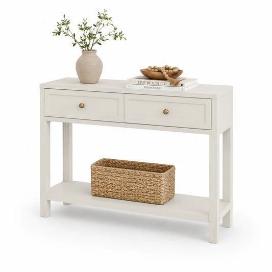 Konsola do przedpokoju około 100 cm x 35 cm x 80 cm MDF biały kremowy naturalne drewno złote detale 2 szuflady kosz rattanowy