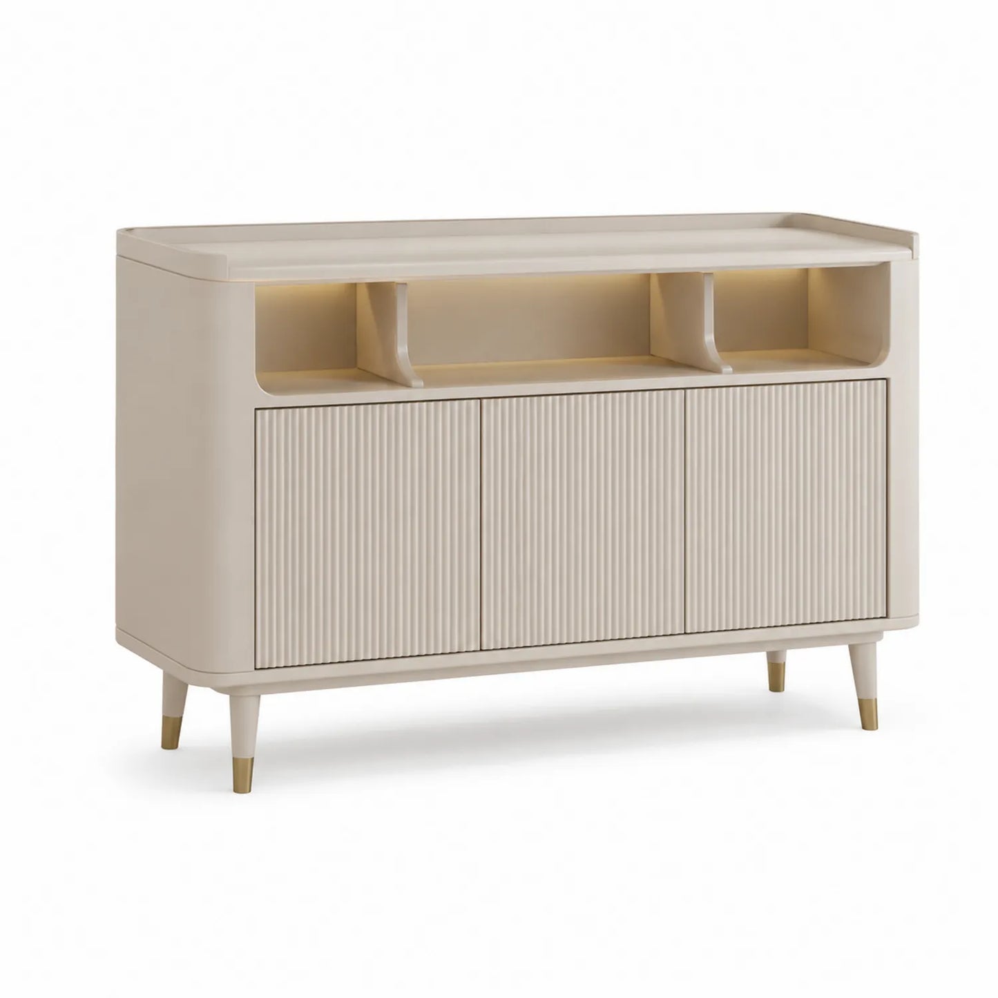 Kredens do jadalni 120x40x85 cm beżowy MDF szafka bufetowa z ryflowanymi frontami LED 3 drzwi złote nogi