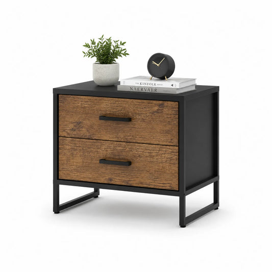 Szafka nocna 45 x 40 x 55 cm metalowa rama stal MDF drewno dekor brązowy czarny 2 szuflady nowoczesna