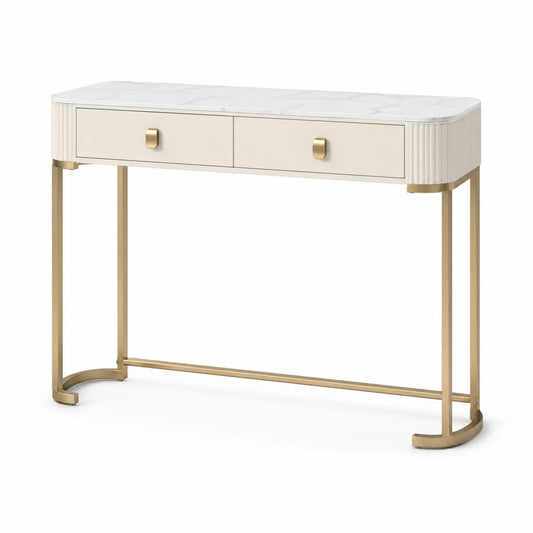 Konsola stojąca prostokątna 110 x 35 x 80 cm z płyty MDF z blatem imitującym marmur kremowa złota rama 2 szuflady