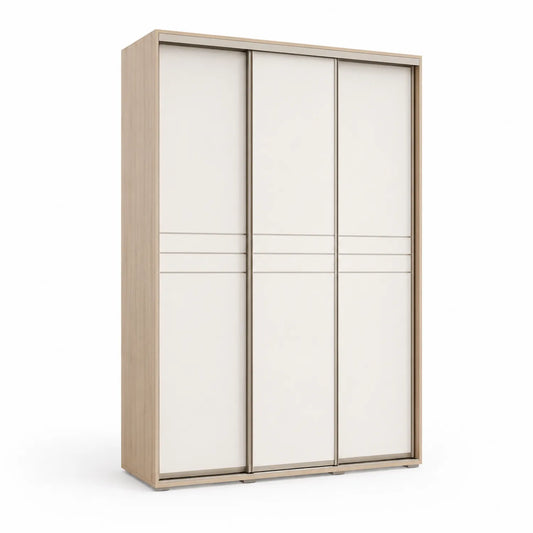 Szafa przesuwna 200 x 180 x 55 cm płyta MDF płyta wiórowa biały dekor dąb trzy drzwi przesuwne system aluminiowy