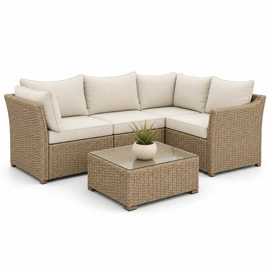 Zestaw mebli ogrodowych sofa narożna 240 cm x 180 cm x 70 cm technorattan PE aluminiowa rama beżowy stolik kawowy ze szkłem hartowanym