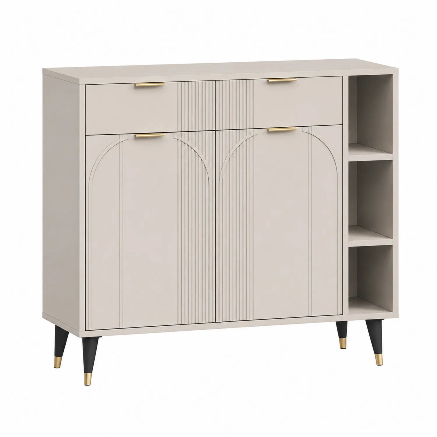 Kredens do jadalni 140 cm MDF beżowy z 2 szufladami 2 drzwiami i boczną otwartą wnęką półki czarny złote detale metalowe nogi 140 cm 40 cm 85 cm