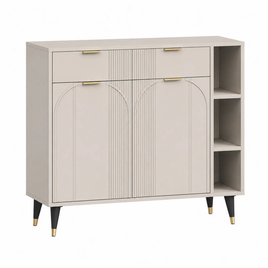 Kredens do jadalni 140 cm MDF beżowy z 2 szufladami 2 drzwiami i boczną otwartą wnęką półki czarny złote detale metalowe nogi 140 cm 40 cm 85 cm