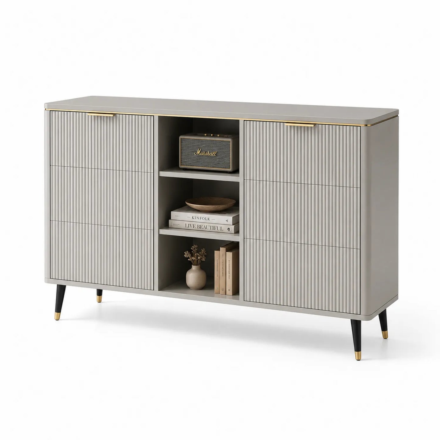 Kredens prostokątny do jadalni 140 x 40 x 85 cm z laminowanej płyty MDF szarobeżowy z ryflowanymi frontami