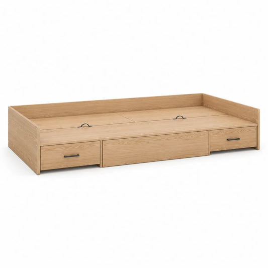 Łóżko z szufladami 90 cm x 200 cm płyta wiórowa laminowana prostokątne jasne drewno z bokami i schowkami